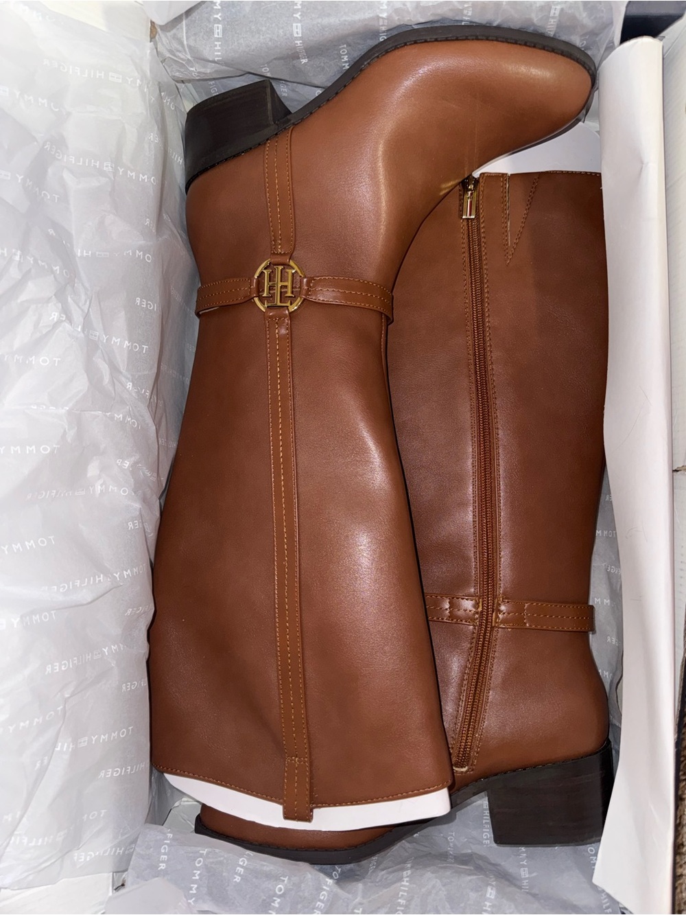 Tommy Hilfiger Cognac Brown Leather Riding Boots with Gold Logo
